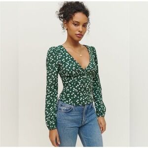 Reformation Nell Green Floral Long Sleeve Top Blouse Shirt Medium Cottagecore